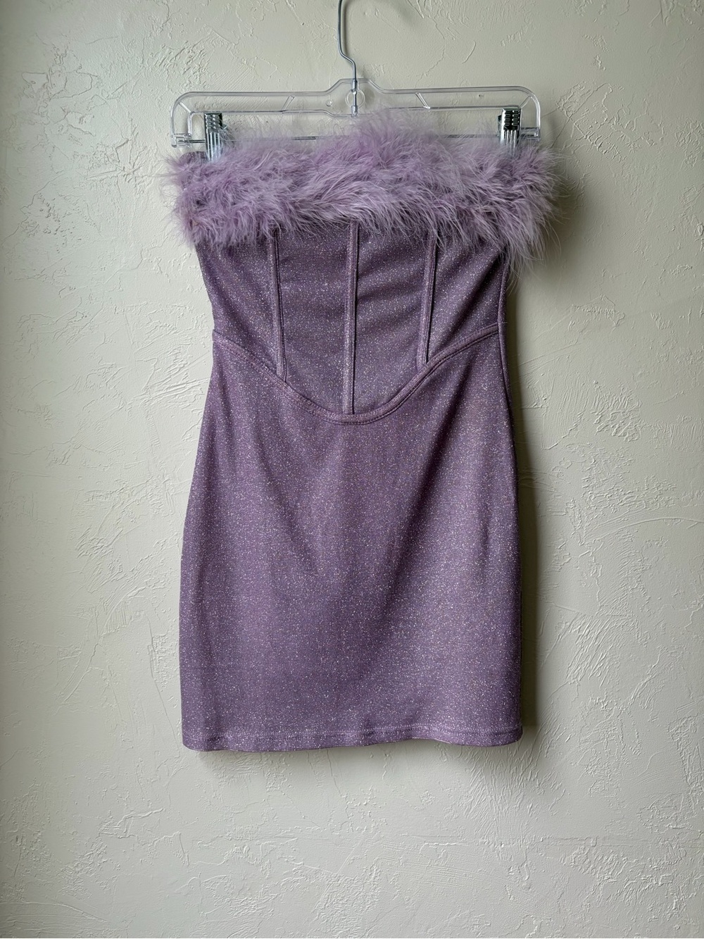 PrettyLittleThing Lilac Glitter Feather Trim Bodycon Mini Dress Size US 2